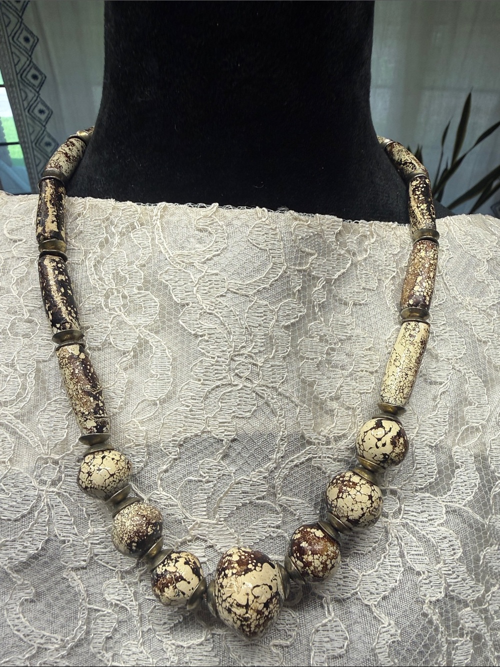 Source Unknown Ivory and Brown Speckled Beaded Necklace - Women Jewelry
